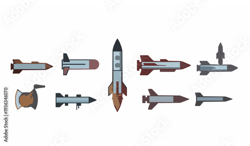 Flat guided missile and rocket weapon icon collection vector EPS10 isolated on white for apps and websites