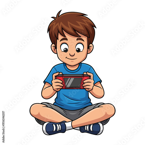Happy Child Playing Video Game on Mobile Device Sitting Cross Legged