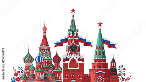 Illustration of the Kremlin with colorful buildings and towers adorned with Russian flags on a white background with a patriotic and festive mood.