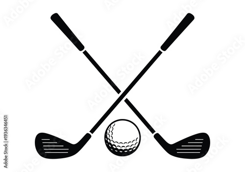 Crossed golf clubs and a golf ball in bold silhouette, classic golf sport emblem vector illustration isolated on transparent background for club