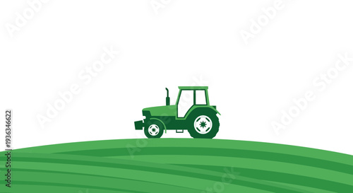 Green tractor on a rolling green field, agricultural concept, flat design