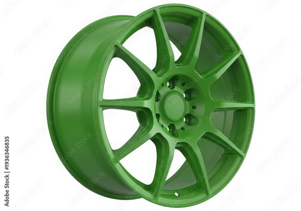 Obraz premium A vibrant green car wheel with a sleek and modern design isolated on white background