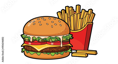 Juicy Cheeseburger with Melted Cheese and Crispy French Fries in Red Box