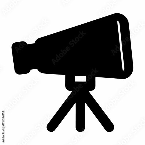 Black silhouette illustration of a vintage movie camera or telescope on a tripod