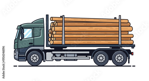 Logging Truck Carrying Stacked Timber Logs on White Background
