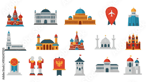 Flat lay of colorful cartoon-style illustrations of famous landmarks and monuments from around the world on a white background.