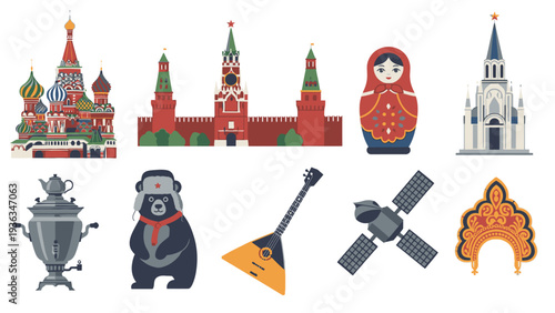 Flat lay of various Russian icons and symbols including landmarks, a matryoshka doll, a bear, a shovel, a satellite, and an arch on a white background with vibrant colors.
