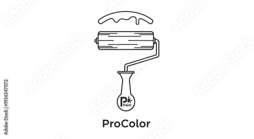 Outline drawing of a paint roller with dripping liquid above the roller head and a brand logo on the handle.