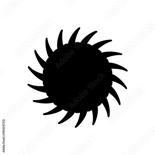 Abstract spiky black hole shape with sharp edges rotating against white backdrop