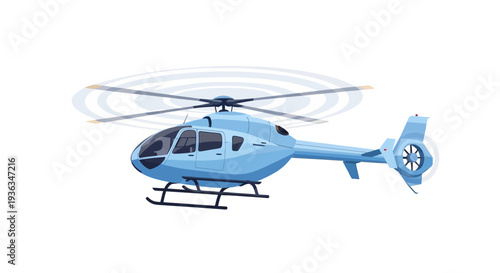Modern Light Blue Helicopter Flying Isolated on White Background