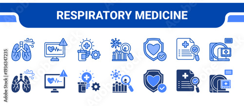 Respiratory Medicine Icon Collection,  featuring Pulmonology, Medical Monitoring, Clinical Diagnostics, Disease Analysis, Preventive Medicine, Healthcare Research, Medical Imaging.