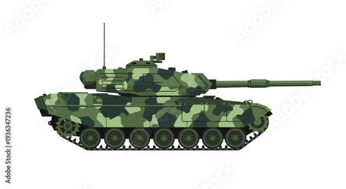 Modern Military Tank with Camouflage Pattern and Cannon in Profile
