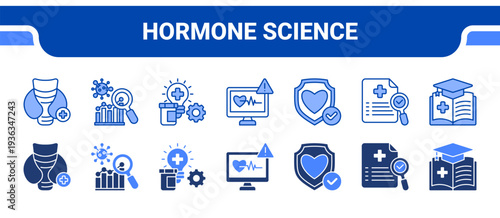 Hormone Science Icon Collection,  featuring Endocrinology, Disease Analysis, Clinical Diagnostics, Medical Monitoring, Preventive Medicine, Healthcare Research, Medical Education.