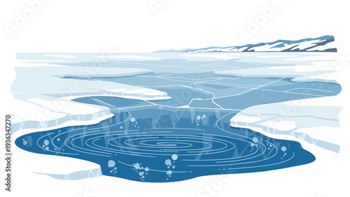 Illustration of a serene frozen lake with concentric ice ripples and bubbles trapped under the surface against a white background with a calming blue and white color palette.