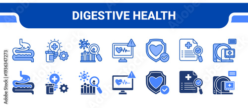 Digestive Health Icon Collection,  featuring Gastroenterology, Clinical Diagnostics, Disease Analysis, Medical Monitoring, Preventive Medicine, Healthcare Research, Medical Imaging.