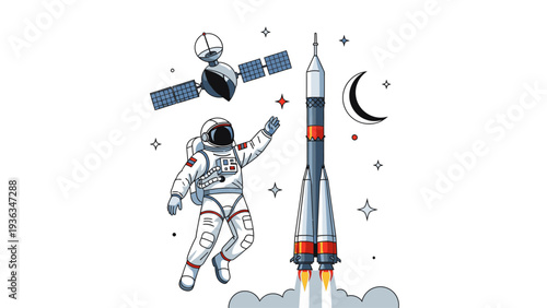 Illustration of an astronaut jumping near a rocket launching into space with a satellite and moon in the background, stars and clouds around.
