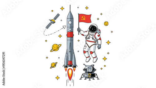 Illustration of an astronaut waving a Chinese flag next to a rocket with stars and planets on a white background.
