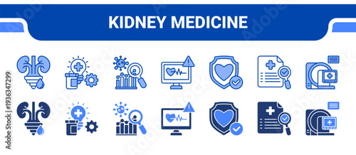 Kidney Medicine Icon Collection,  featuring Nephrology, Clinical Diagnostics, Disease Analysis, Medical Monitoring, Preventive Medicine, Healthcare Research, Medical Imaging.