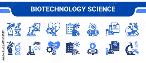 Biotechnology Science Icon Collection,  featuring Genetic Science, Health Biotechnology, Biomedical Engineering, Pharmaceutical Study, Medical Innovation, Clinical Laboratory, Pathology.