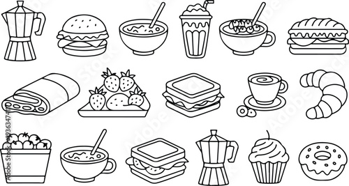 Various food and drink in black line black and white coffee sandwich