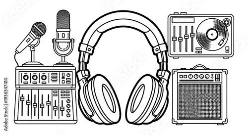 Music Production Equipment: Microphones, Mixer, Turntable, Amp, Headphones