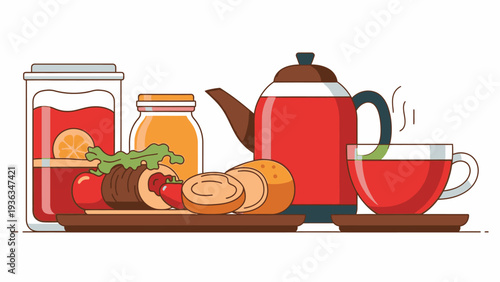 Flat lay illustration of a breakfast spread with a teapot, cup, jar, bottle, and pastries on a wooden tray against a white background.