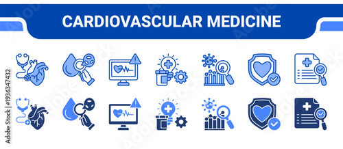 Cardiovascular Medicine Icon Collection,  featuring Cardiology, Hematology, Medical Monitoring, Clinical Diagnostics, Disease Analysis, Preventive Medicine, Healthcare Research.