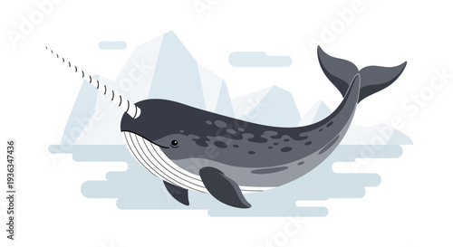 Narwhal Arctic Ocean Whale with Tusk, Iceberg Background, Flat Design