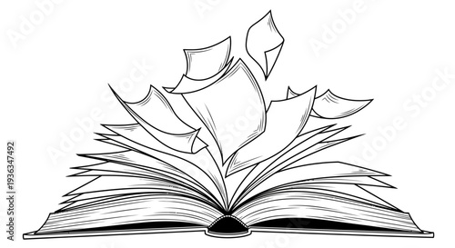 Open Book with Flying Pages - Sketch Style