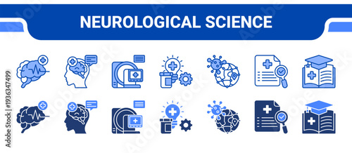 Neurological Science Icon Collection,  featuring Neurology, Psychiatry, Medical Imaging, Clinical Diagnostics, Epidemiology Research, Healthcare Research, Medical Education.