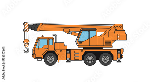 Orange Mobile Crane Truck with Hook and Boom on White Background