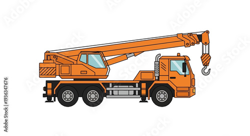 Orange Mobile Crane Truck with Extended Boom and Hook, Construction Vehicle Illustration