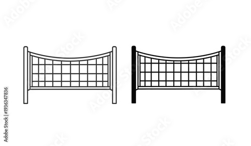 Two volleyball nets with different post styles in black and white line art