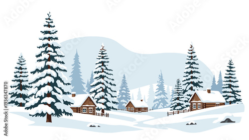 Illustration of a snowy village with pine trees and houses in a serene winter landscape with a mountain in the background.