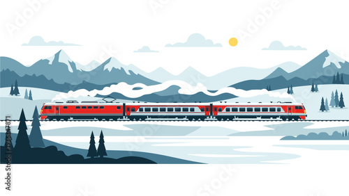 Illustration of a red train traveling across a bridge over a serene lake with mountains in the background under a sunny sky.