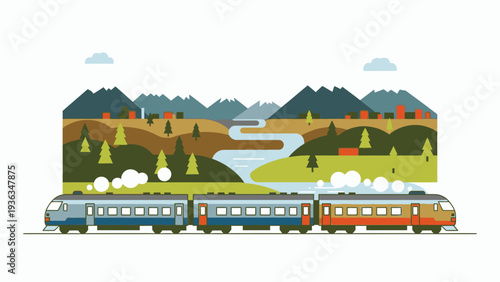 Colorful illustration of a train traveling through a scenic landscape with mountains, river, and trees on a white background.