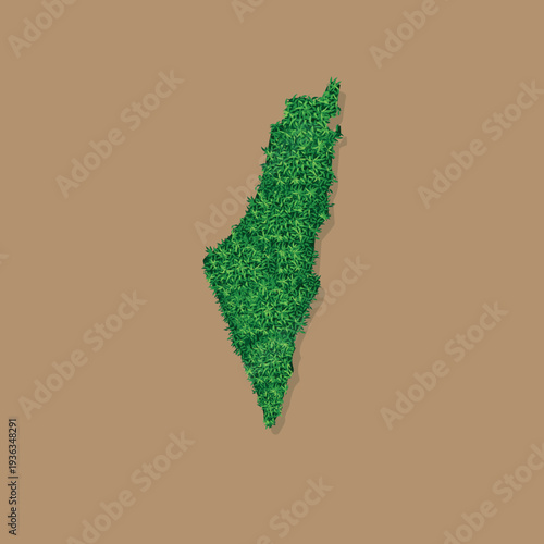 This image is a digital image depicting the geographical shape of Israel  map made entirely of green leaves, symbolizing ecological nature and ecological greenery. country green icon