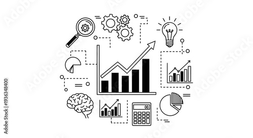 Business growth chart icon cluster displays upward trending bar graphs, magnifying glass, calculator, brain, and lightbulb symbolizing financial success and ideas.