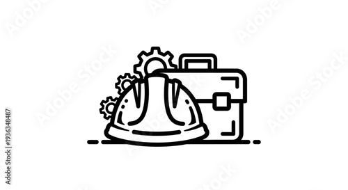Construction worker safety helmet sits beside a closed professional briefcase accompanied by abstract mechanical gears representing engineering or job readiness.