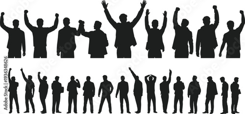 Business people silhouettes collection with raised hands and standing poses isolated on white background representing success celebration leadership teamwork concept