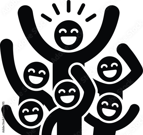 Happy people group icon representing teamwork community celebration and positive social connection vector illustration with smiling characters raising hands isolated design concept