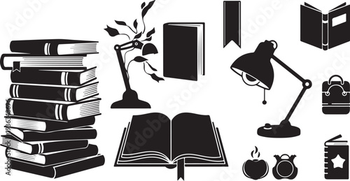 Gardening tools and plants in black and white icons