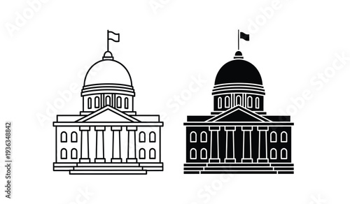 Black and white illustration of two domed government buildings with flags on top, side by side, in line art style