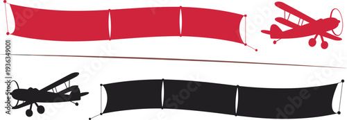 Vintage biplane airplane towing advertising banner vector illustration with red and black silhouettes aerial marketing concept isolated aircraft with blank flying banner