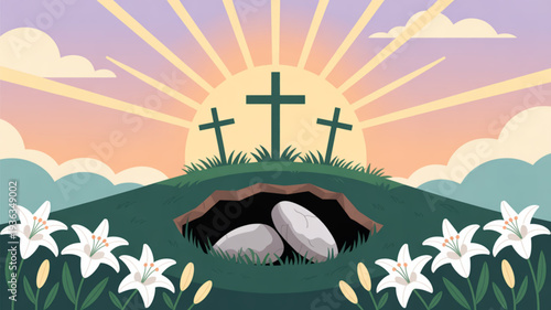 Easter morning scene with empty tomb three crosses lilies and sunrise symbolizing resurrection and hope