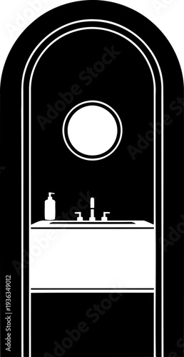 Arched alcove bathroom silhouette with round mirror and vanity sink