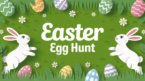 Easter egg hunt with bunnies and colorful eggs on green grass background with flowers