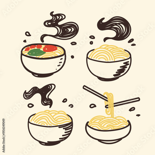 A cute collection of hand-drawn sketch icons featuring hot noodles, ramen, or pasta in bowls. Detailed with chopsticks pulling noodles, rising steam, and broth splashes