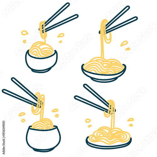 A cute collection of hand-drawn sketch icons featuring hot noodles, ramen, or pasta in bowls. Detailed with chopsticks pulling noodles, rising steam, and broth splashes