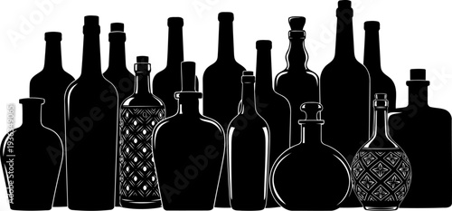 Assorted wine and liquor bottles silhouette in various shapes and sizes Collection